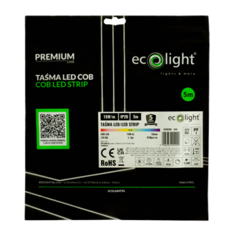 EcoLight COB led szalag RGB  810 lm/méter  15 W/méter  12 V  IP20  5m / tekercs