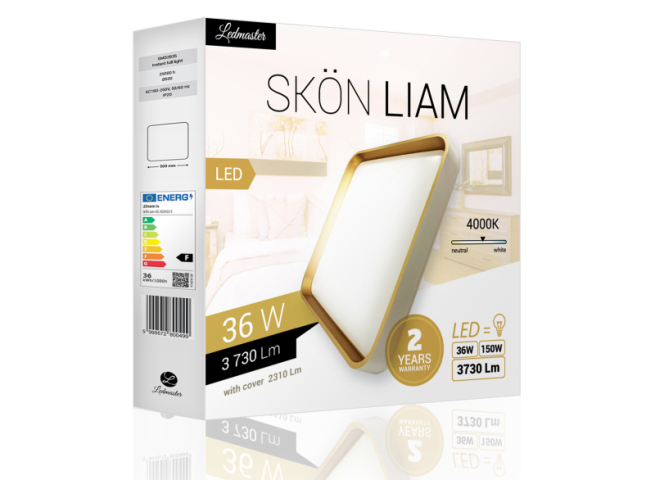 Skön Liam 36 W-os ø500 mm négyzet alakú natúr fehér  fehér-arany színű mennyezeti lámpa  IP20-as védettségű