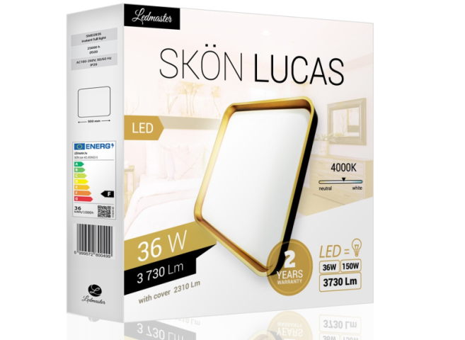 Skön Lucas 36 W-os ø500 mm négyzet alakú natúr fehér  fekete-arany színű mennyezeti lámpa  IP20-as védettségű