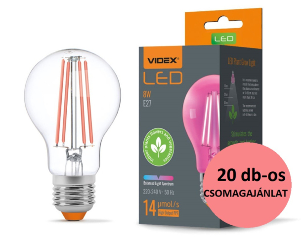 Videx Fito Filament szálas növénynevelő Led 20 db-os  8 W-os  E27-es foglalattal csomagajánlat