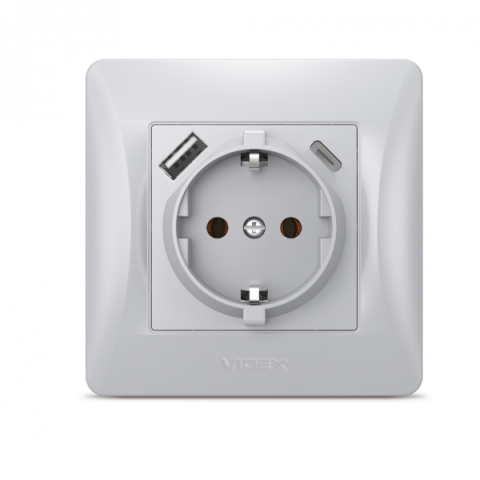 Videx Binera ezüst színű süllyesztett földelt csatlakozó aljzat + 1-1 db USB csatlakozóval  USB-C csatlakozóval (20/120)