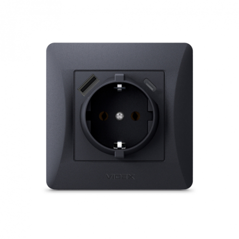 Videx Binera fekete színű süllyesztett földelt csatlakozó aljzat + 1-1 db USB csatlakozóval  USB-C csatlakozóval (20/120)