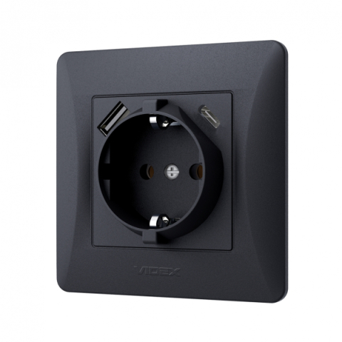 Videx Binera fekete színű süllyesztett földelt csatlakozó aljzat + 1-1 db USB csatlakozóval  USB-C csatlakozóval (20/120)