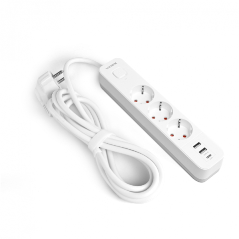 Videx Oncord fehér színű 3-as professzionális hosszabbító kapcsolóval  3m-es kábellel  2 x USB + 1 x USB-C