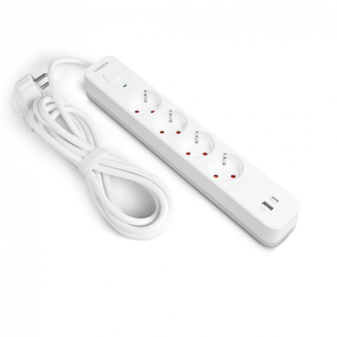 Videx Oncord fehér színű 4-es professzionális hosszabbító kapcsolóval  3m-es kábellel  1 x USB + 1 x USB-C