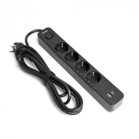 Videx Oncord fekete színű 4-es professzionális hosszabbító kapcsolóval  3m-es kábellel  1 x USB + 1 x USB-C