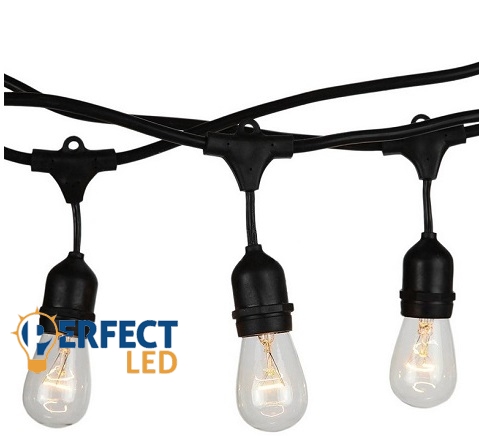 E27 foglalatos fényfüzér, fekete, IP65, 15 méter, 15 db izzóhoz