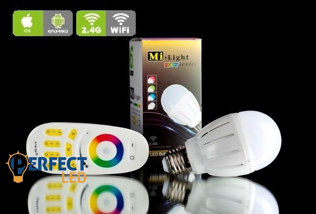 E27 6W RGBW színes wifis LED gömbizzó, távirányítóval