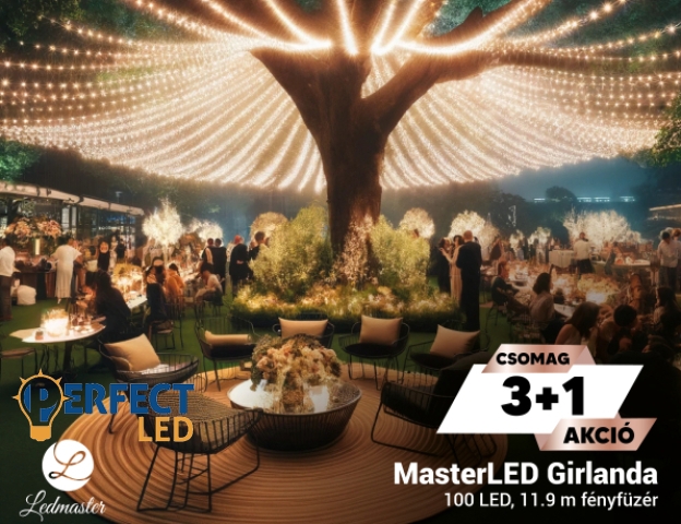MasterLED Girlanda napelemes 100 LED-es 11 90 m hosszúságú fényfüzér 3+1 csomagakció