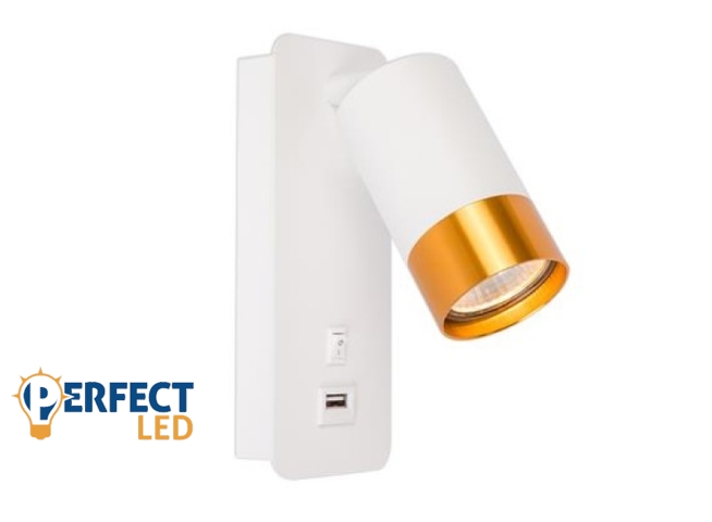 MasterLED Klemens arany/fehér fali lámpa GU10-es foglalattal USB aljzattal