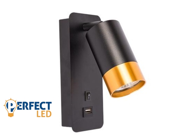 MasterLED Klemens arany/fekete fali lámpa GU10-es foglalattal USB aljzattal
