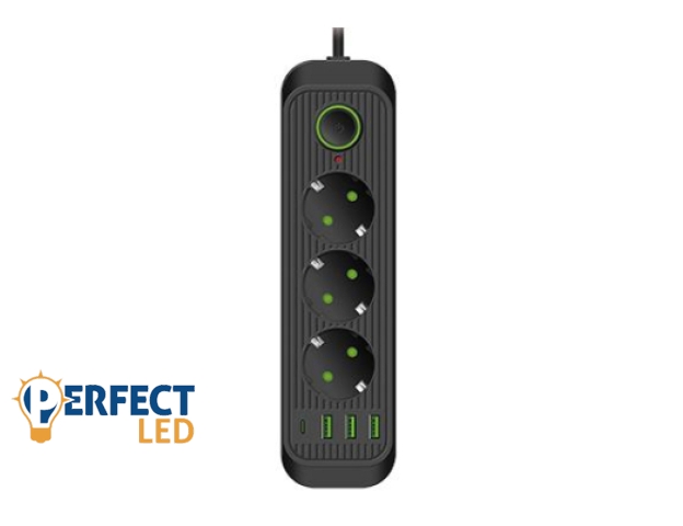 MasterLED Modi fekete színű 3-as hosszabító 2m-es kábellel 3 x USB 1 x USB-C