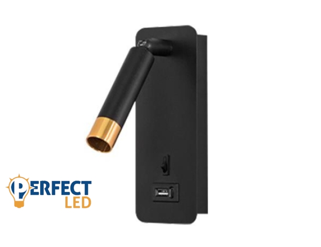 MasterLED Piero G9-es foglalatú + LED-es fekete-arany fali lámpa USB csatlakozóval egy kapcsolóval