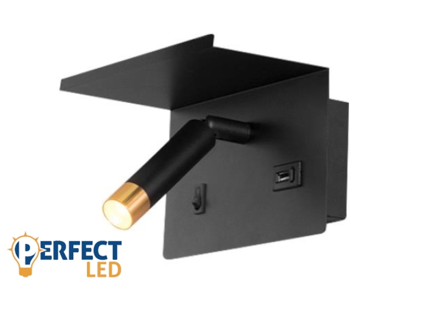 MasterLED Piero G9-es foglalatú + LED-es fekete-arany fali polc lámpa USB csatlakozóval