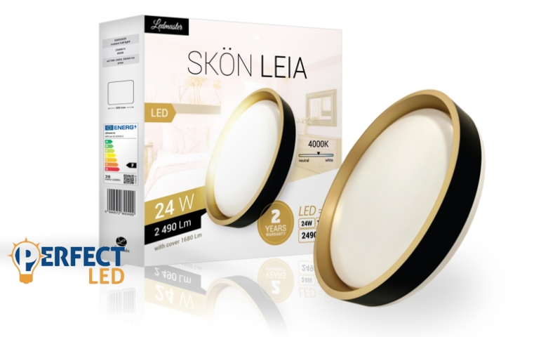 Skön Leia 24 W-os ø400 mm kerek natúr fehér fekete-arany színű mennyezeti lámpa IP20-as védettségű
