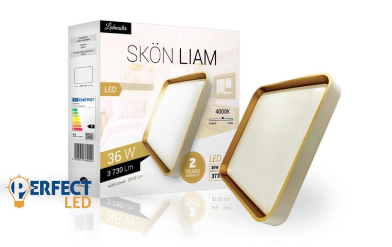 Skön Liam 36 W-os ø500 mm négyzet alakú natúr fehér fehér-arany színű mennyezeti lámpa IP20-as védettségű
