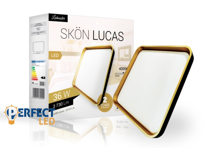 Skön Lucas 36 W-os ø500 mm négyzet alakú natúr fehér fekete-arany színű mennyezeti lámpa IP20-as védettségű