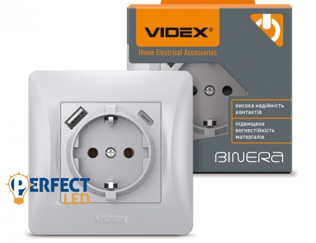 Videx Binera ezüst színű süllyesztett földelt csatlakozó aljzat + 1-1 db USB csatlakozóval USB-C csatlakozóval (20/120)