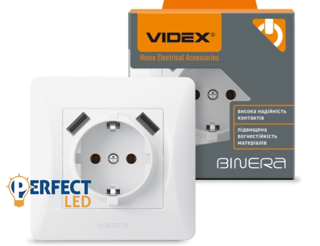 Videx Binera fehér színű süllyesztett földelt csatlakozó aljzat + 2 db USB csatlakozó(20/120)