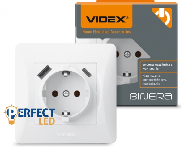 Videx Binera fehér színű süllyesztett földelt csatlakozó aljzat + 1-1 db USB csatlakozóval USB-C csatlakozóval (20/120)