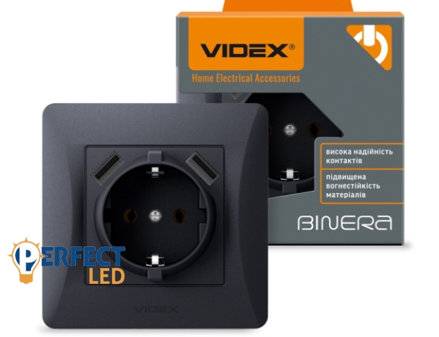 Videx Binera fekete színű süllyesztett földelt csatlakozó aljzat + 2 db USB csatlakozó (20/120)