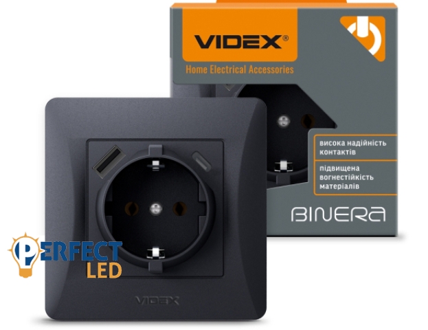 Videx Binera fekete színű süllyesztett földelt csatlakozó aljzat + 1-1 db USB csatlakozóval USB-C csatlakozóval (20/120)