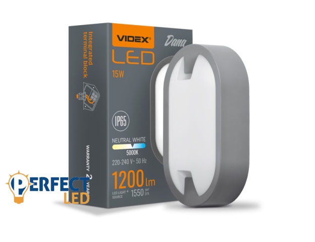 Videx Dana 15 W-os 215x127 mm ovális natúr fehér antracit színű mennyezeti lámpa IP65-ös védettségű