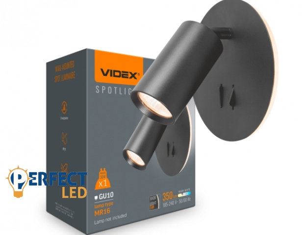 Videx G10-es foglalatú fekete fali lámpa kapcsolóval