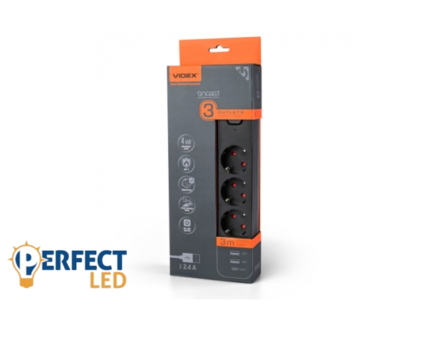 Videx Oncord fekete színű 3-as professzionális hosszabbító kapcsolóval 3m-es kábellel 2 x USB + 1 x USB-C