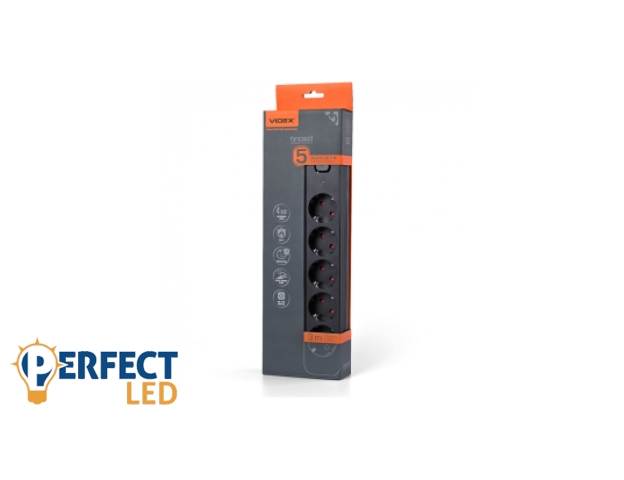 Videx Oncord fekete színű 5-ös professzionális hosszabbító kapcsolóval 3m-es kábellel